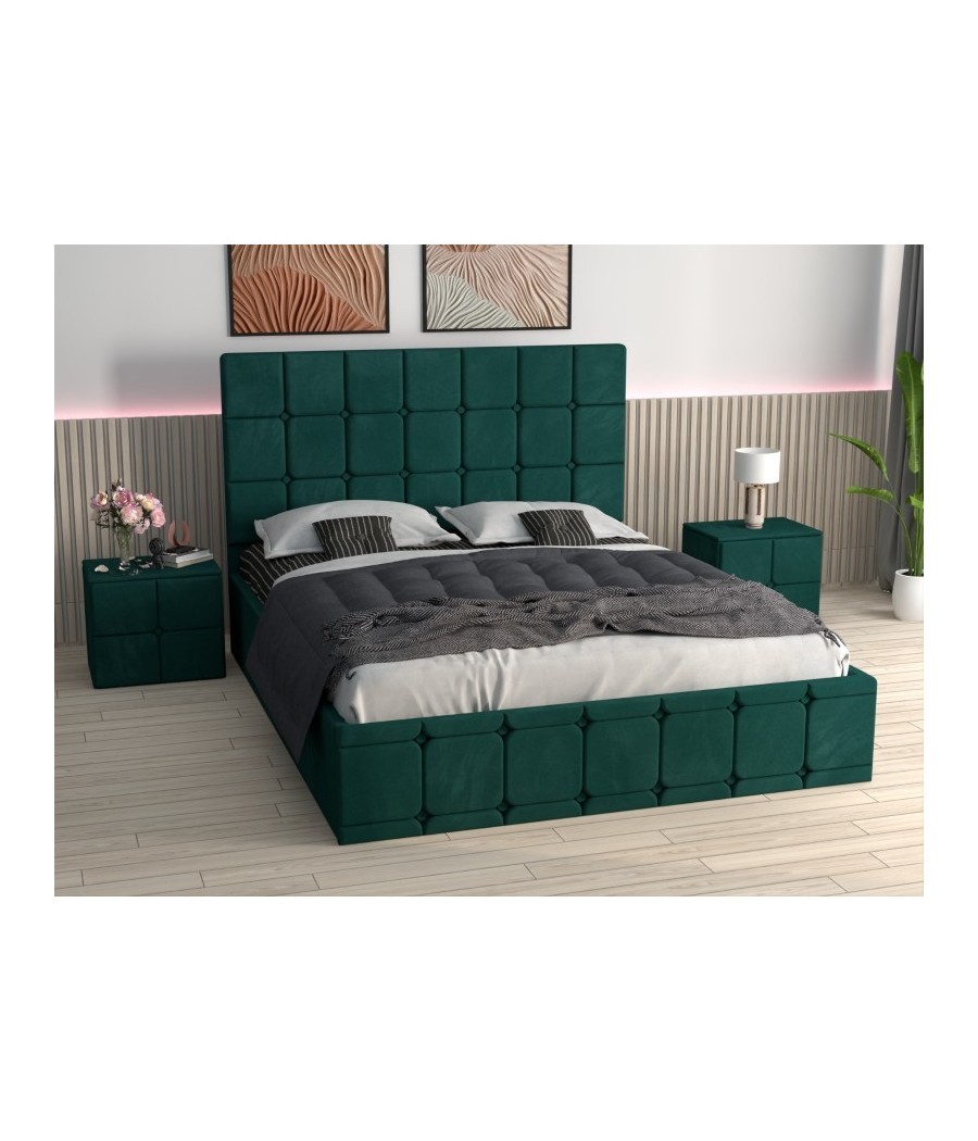 Pat Ven03 Verde + Noptiere Tapitate Verde + Saltea Lux Ortopedica