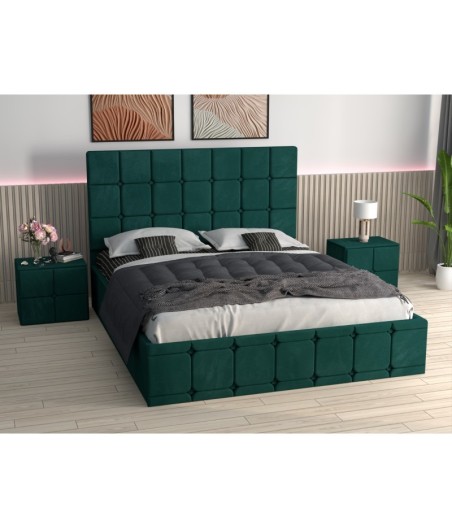 Pat Ven03 Verde + Noptiere Tapitate Verde + Saltea Lux Ortopedica