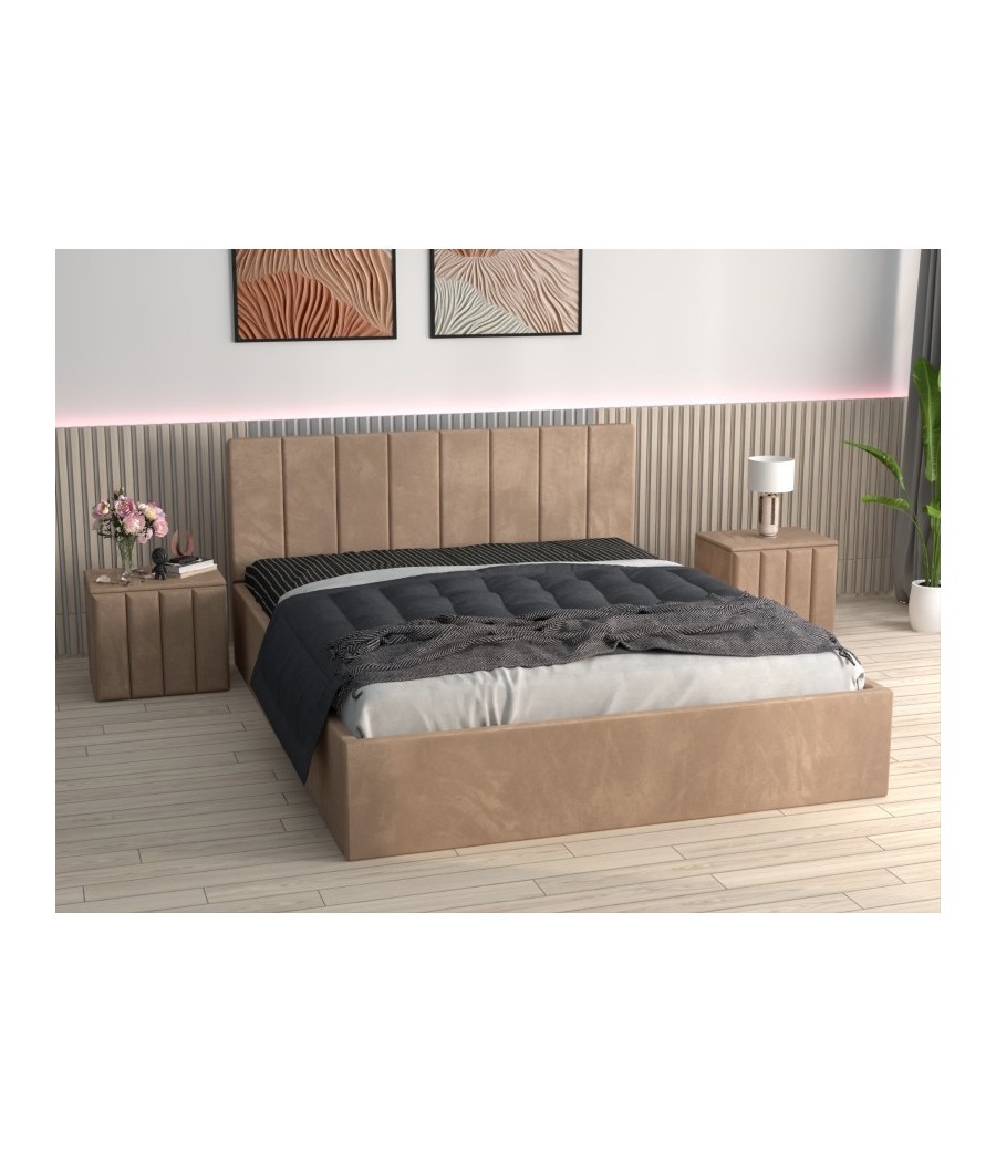 Pat Tapitat Sorin Crem + Saltea Lux Ortopedica + Noptiere Tapitate