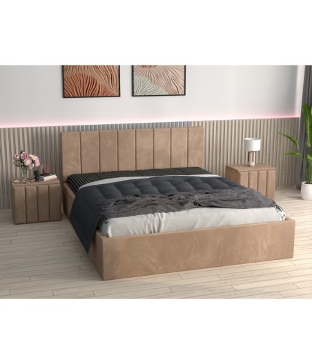 Pat Tapitat Sorin Crem + Saltea Lux Ortopedica + Noptiere Tapitate