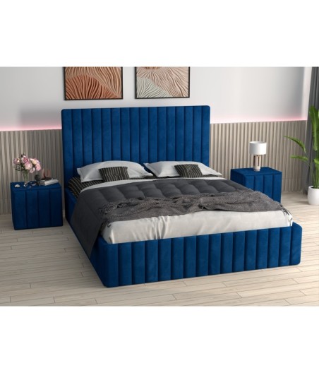 Pat Tapitat Luca Albastru + Saltea Lux Ortopedica + Noptiere Tapitate