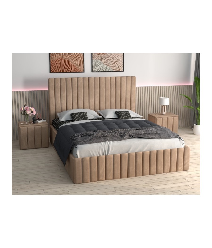 Pat Tapitat Luca Crem + Saltea Lux Ortopedica + Noptiere Tapitate