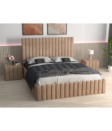 Pat Tapitat Luca Crem + Saltea Lux Ortopedica + Noptiere Tapitate