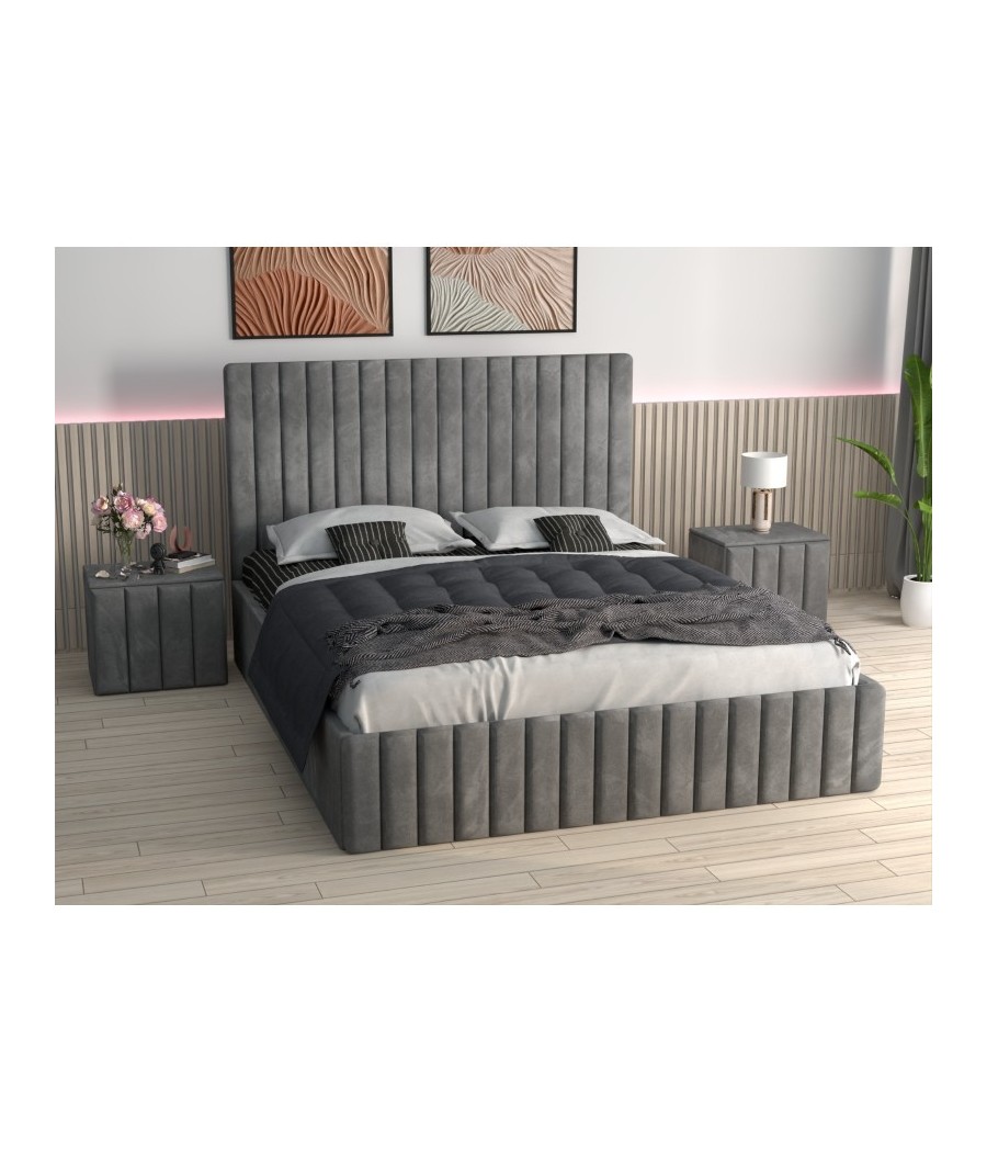 Pat Tapitat Luca Gri + Saltea Lux Ortopedica + Noptiere Tapitate