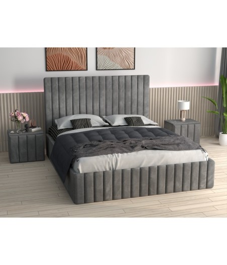 Pat Tapitat Luca Gri + Saltea Lux Ortopedica + Noptiere Tapitate