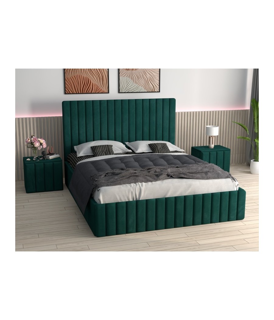 Pat Tapitat Luca Verde + Saltea Lux Ortopedica + Noptiere Tapitate