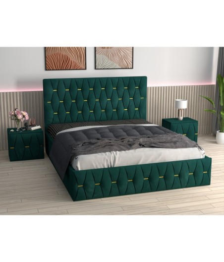 Pat Tapitat Eric Verde + Saltea Lux Ortopedica + Noptiere Tapitate