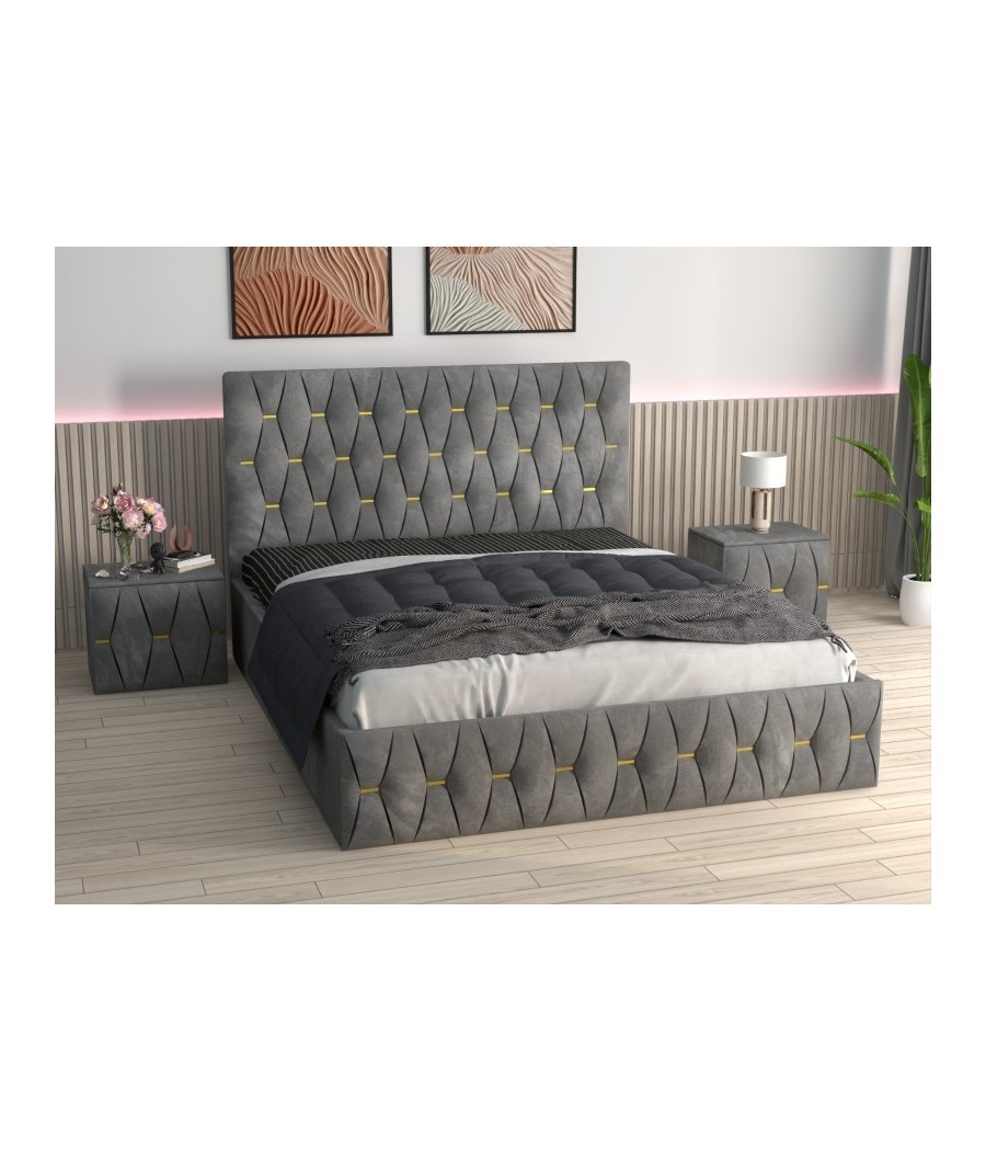 Pat Tapitat Eric Gri + Saltea Lux Ortopedica + Noptiere Tapitate