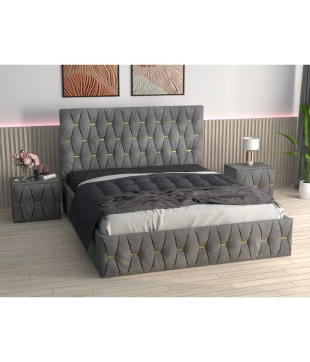 Pat Tapitat Eric Gri + Saltea Lux Ortopedica + Noptiere Tapitate