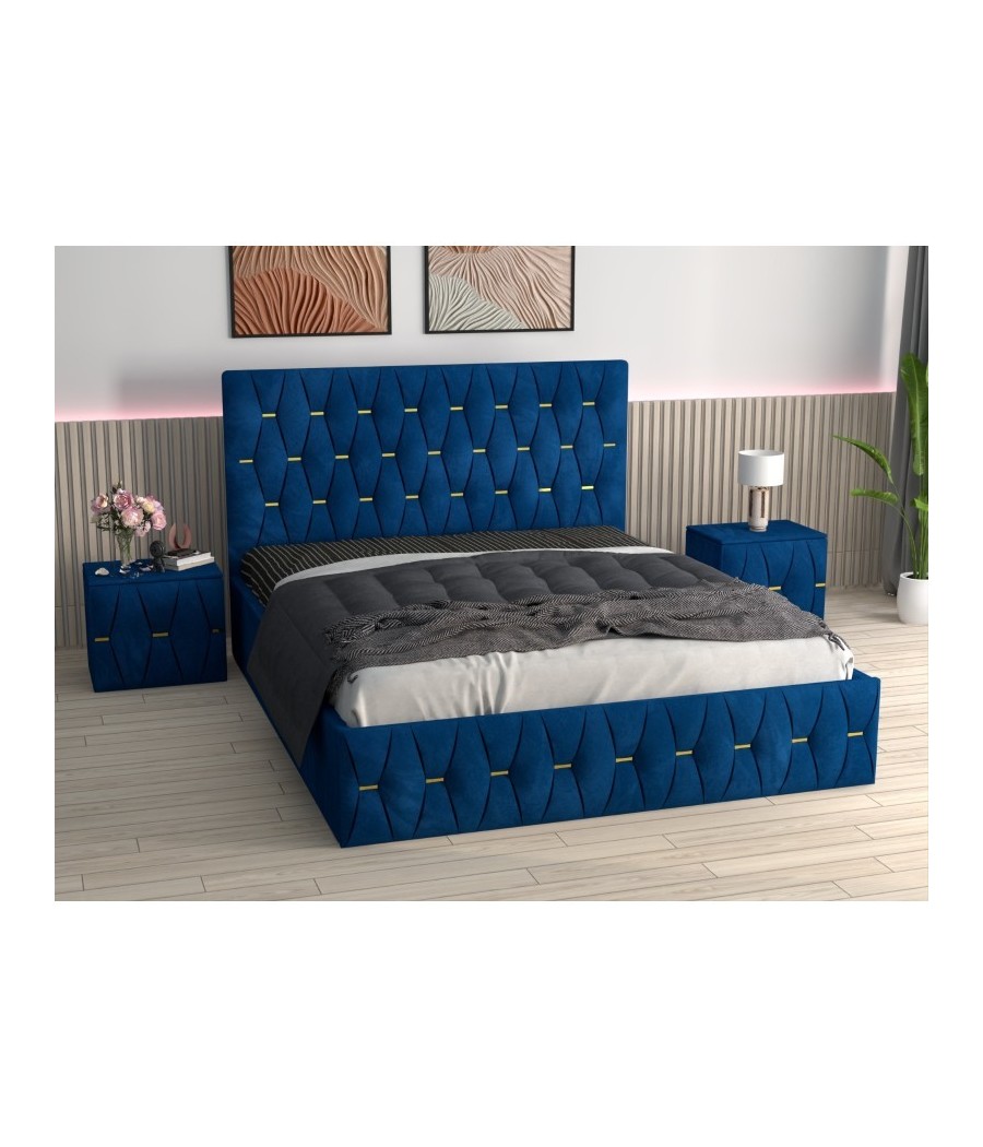 Pat Tapitat Eric Albastru + Saltea Lux Ortopedica + Noptiere Tapitate