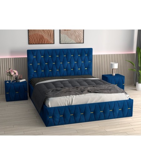 Pat Tapitat Eric Albastru + Saltea Lux Ortopedica + Noptiere Tapitate